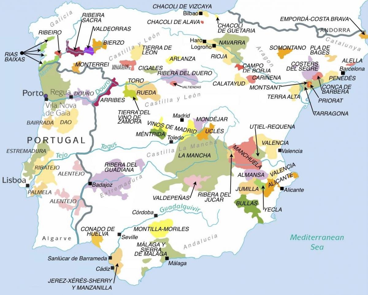 kaart spanje regio's Kaart van de wijnregio 's in Spanje   Kaart van Spanje wijn regio 