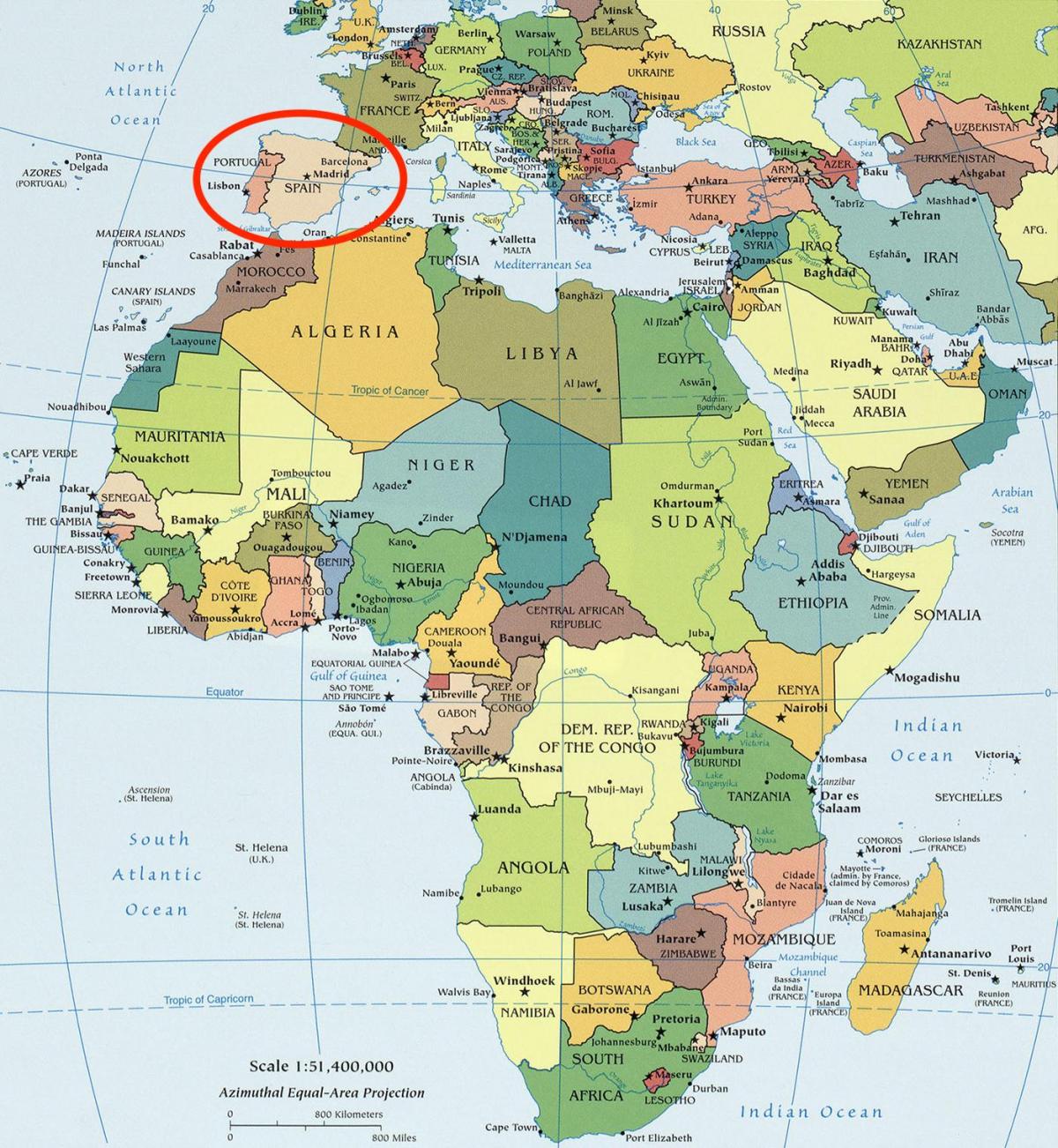 afrika en Spanje kaart bekijken
