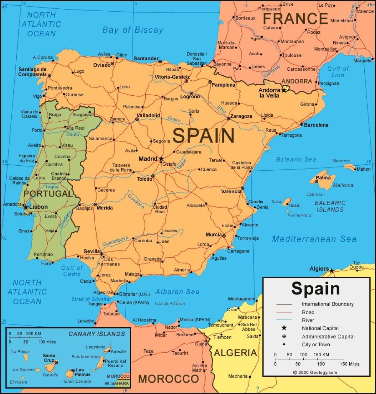 kaart van Spanje en de aangrenzende landen