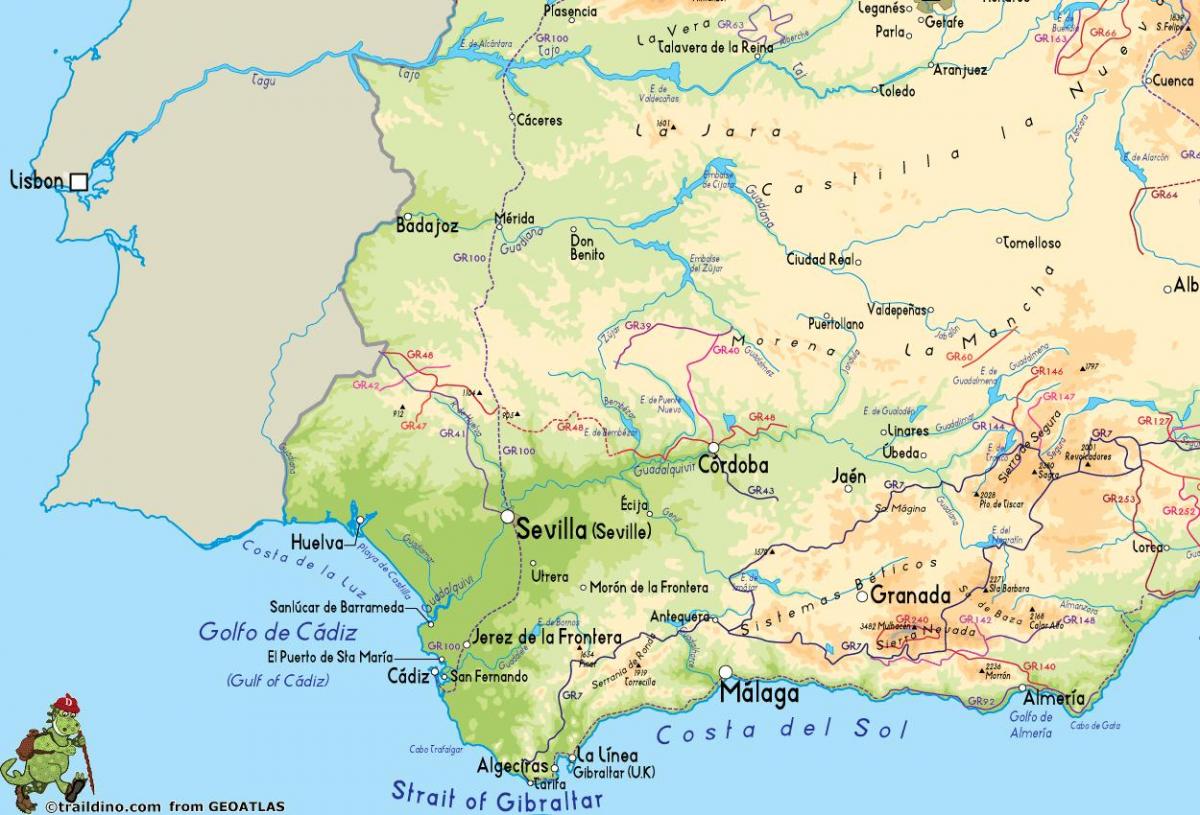 Kaart van zuid-westen van Spanje - Kaart van zuid-west kust van Spanje