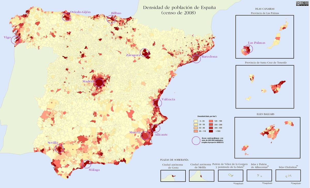 Spanje bevolkingsdichtheid kaart