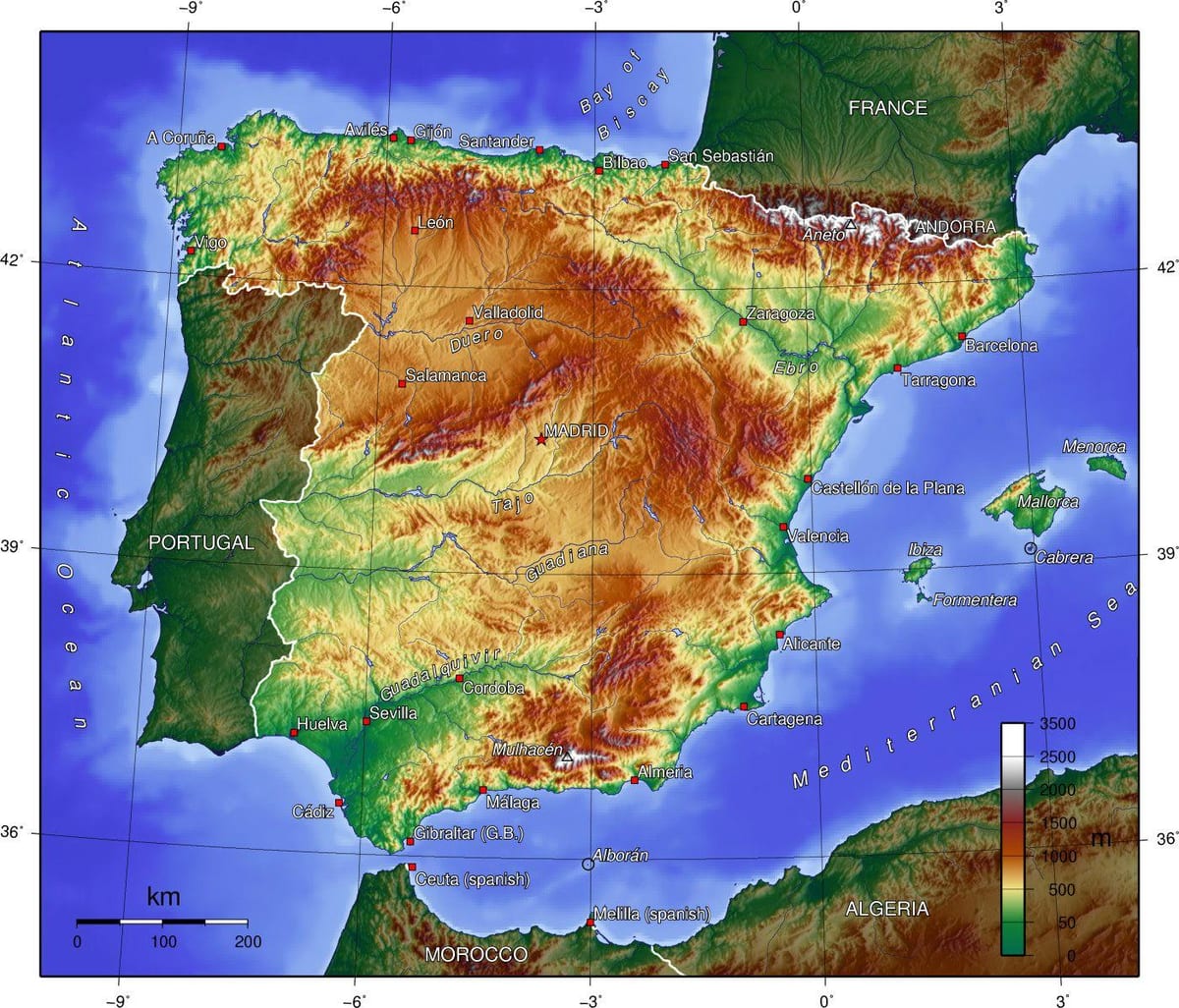 kaart van Spanje geografie