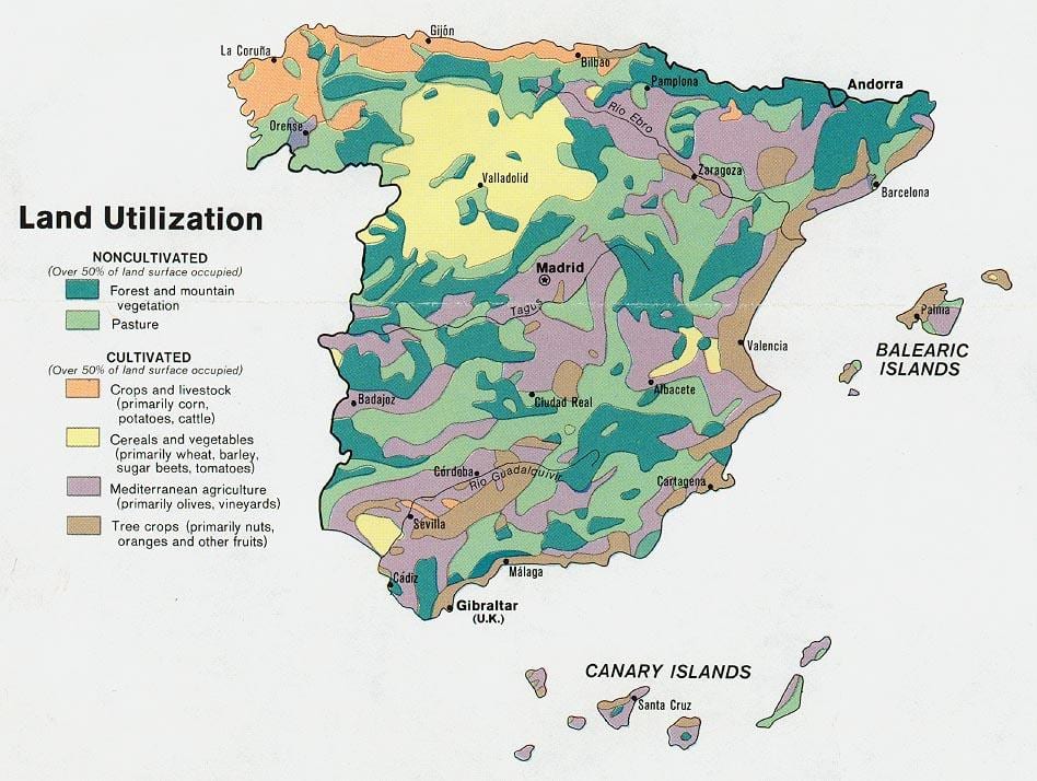 kaart van Spanje landbouw
