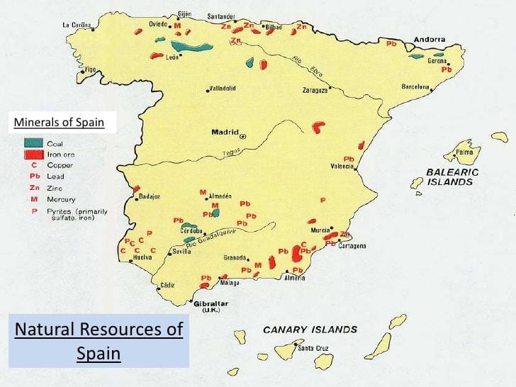 kaart van Spanje natuurlijke ressources