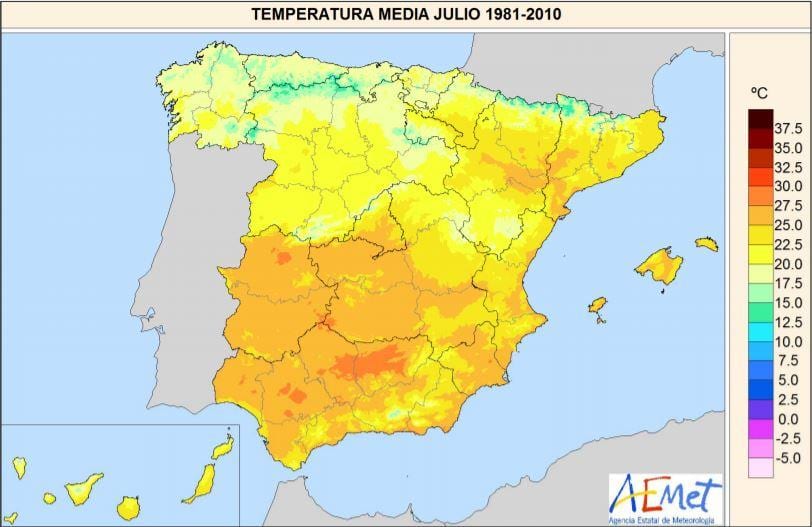 kaart van Spanje temperatuur