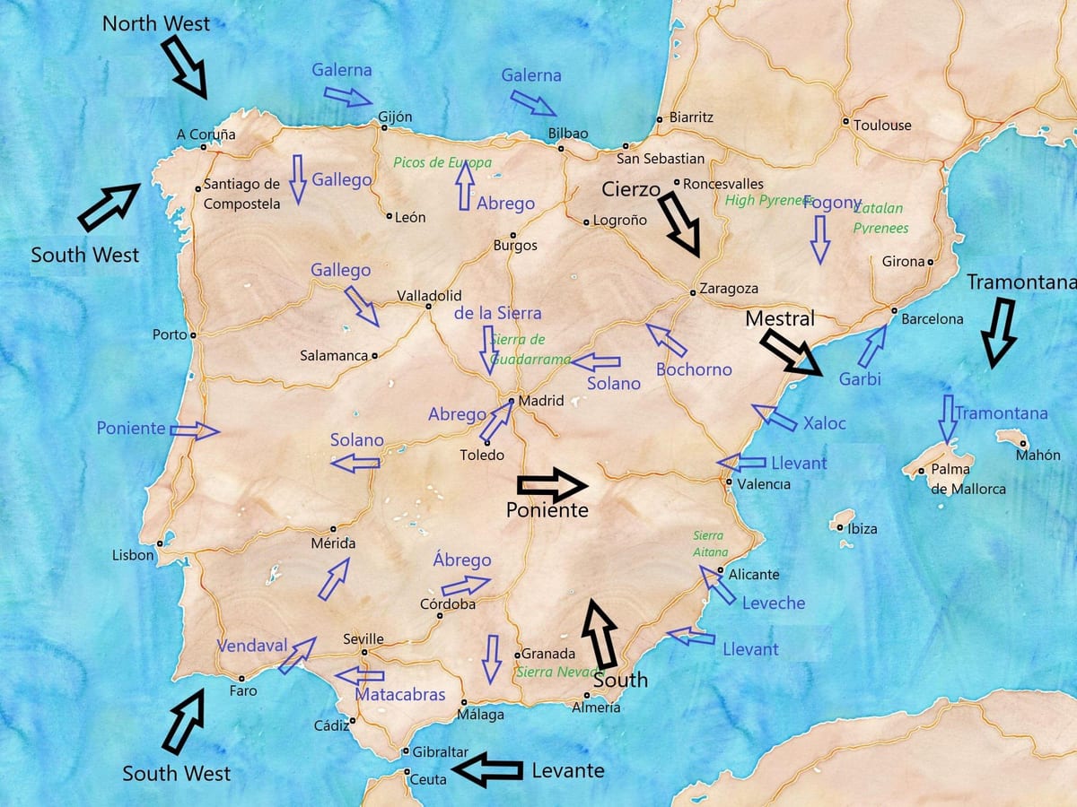 kaart van Spanje wind